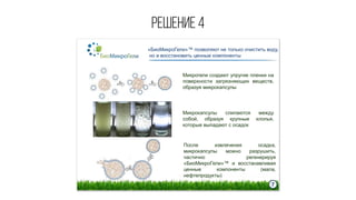 Решение 4 
«БиоМикроГели»™ позволяют не только очистить воду, 
но и восстановить ценные компоненты 
Микрогели создают упругие пленки на 
поверхности загрязняющих веществ, 
образуя микрокапсулы 
Микрокапсулы слипаются между 
собой, образуя крупные хлопья, 
которые выпадают с осадок 
После извлечения осадка, 
микрокапсулы можно разрушить, 
частично регенерируя 
«БиоМикроГели»™ и восстанавливая 
ценные компоненты (мала, 
нефтепродукты) 
7 
 