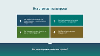 Она отвечает на вопросы 
Как превратить специалистов 
среднего уровня в высококлассных 
продажников? 
Как снизить вероятность ухода 
покупателей к конкурентам? 
Как уменьшить потери клиентов на 
разных этапах продажи? 
Как быстро обучать новых 
сотрудников? 
1 
2 
3 
4 
Как перезапустить свой отдел продаж? 
 