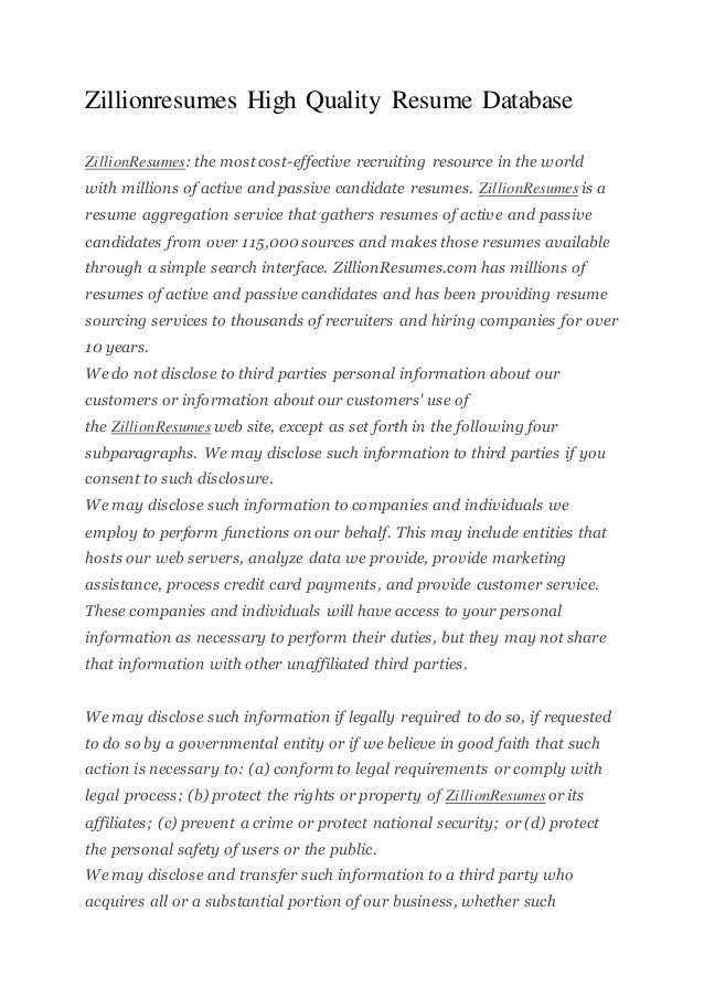 zillionresumes high quality resume database high quality resume