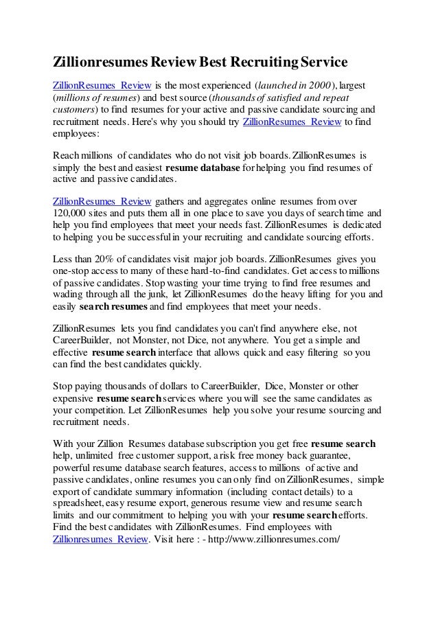zillionresumes review best recruiting service free online resume search