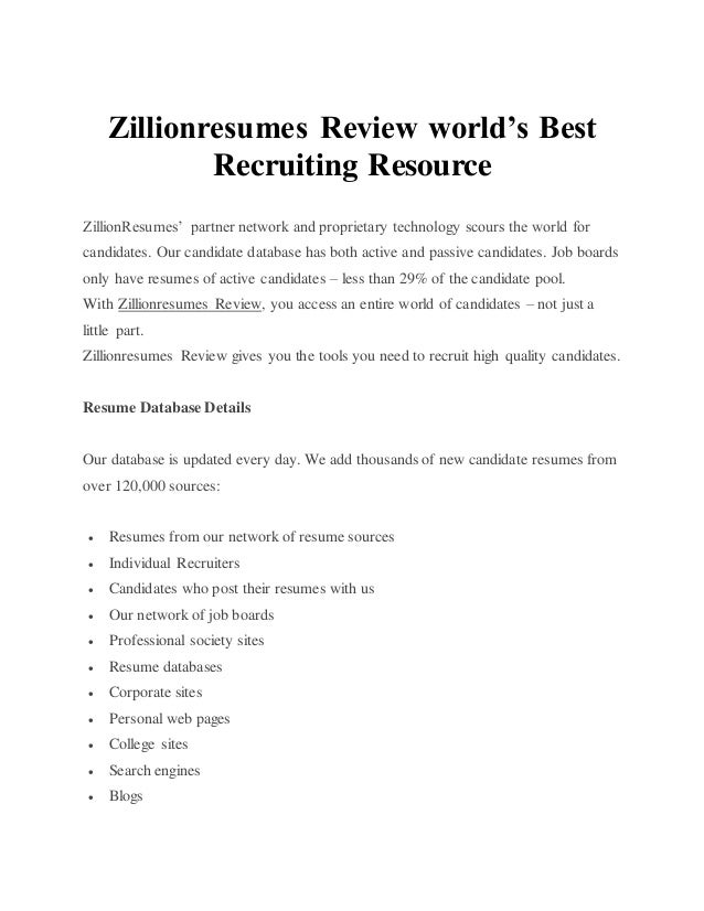 zillionresumes review worlds best recruiting resource resume database access