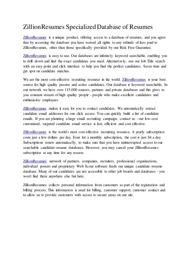 zillion resumes specialized database of resumes resume database access