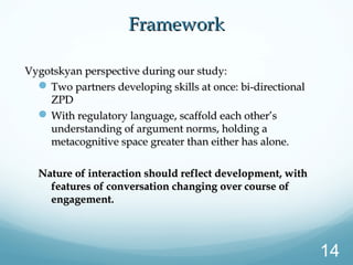 Vygotskyan perspective during our study:Vygotskyan perspective during our study:
Two partners developing skills at once: bi-directionalTwo partners developing skills at once: bi-directional
ZPDZPD
With regulatory language, scaffold each other’sWith regulatory language, scaffold each other’s
understanding of argument norms, holding aunderstanding of argument norms, holding a
metacognitive space greater than either has alone.metacognitive space greater than either has alone.
Nature of interaction should reflect development, withNature of interaction should reflect development, with
features of conversation changing over course offeatures of conversation changing over course of
engagement.engagement.
FrameworkFramework
14
 