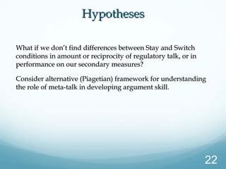 What if we don’t find differences between Stay and SwitchWhat if we don’t find differences between Stay and Switch
conditions in amount or reciprocity of regulatory talk, or inconditions in amount or reciprocity of regulatory talk, or in
performance on our secondary measures?performance on our secondary measures?
Consider alternative (Piagetian) framework for understandingConsider alternative (Piagetian) framework for understanding
the role of meta-talk in developing argument skill.the role of meta-talk in developing argument skill.
HypothesesHypotheses
22
 