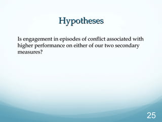 HypothesesHypotheses
Is engagement in episodes of conflict associated withIs engagement in episodes of conflict associated with
higher performance on either of our two secondaryhigher performance on either of our two secondary
measures?measures?
25
 