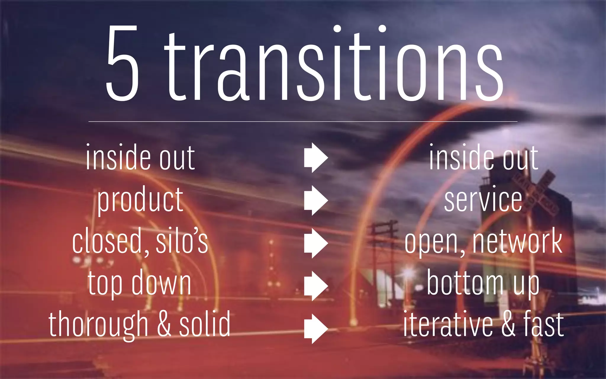 5 transitions
inside out
product
closed,silo’s
top down
thorough & solid
inside out
service
open,network
bottom up
iterative & fast
 