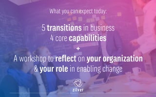 What you can expect today:
5 transitions in business
4 core capabilities
+
A workshop to reflect on your organization
& your role in enabling change
 