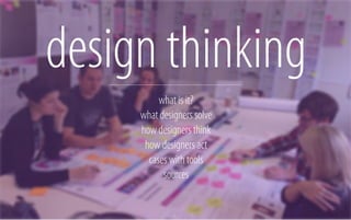 design thinking
what is it?
what designers solve
how designers think
how designers act
cases with tools
sources

 