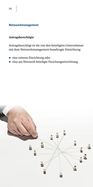 16
Netzwerkmanagement
Antragsberechtigte
Antragsberechtigt ist die von den beteiligten Unternehmen
mit dem Netzwerkmanagement beauftragte Einrichtung:
zz eine externe Einrichtung oder
zz eine am Netzwerk beteiligte Forschungseinrichtung.
 