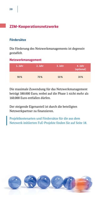 20
Netzwerkmanagement
1. Jahr 2. Jahr 3. Jahr 4. Jahr
(optional)
90 % 70 % 50 % 30 %
ZIM-Kooperationsnetzwerke
Fördersätze
Die Förderung des Netzwerkmanagements ist degressiv
gestaffelt.
Die maximale Zuwendung für das Netzwerkmanagement
beträgt 380.000 Euro, wobei auf die Phase 1 nicht mehr als
160.000 Euro entfallen dürfen.
Der steigende Eigenanteil ist durch die beteiligten
Netzwerkpartner zu finanzieren.
Projektkostenarten und Fördersätze für die aus dem
Netzwerk initiierten FuE­-Projekte finden Sie auf Seite 18.
 