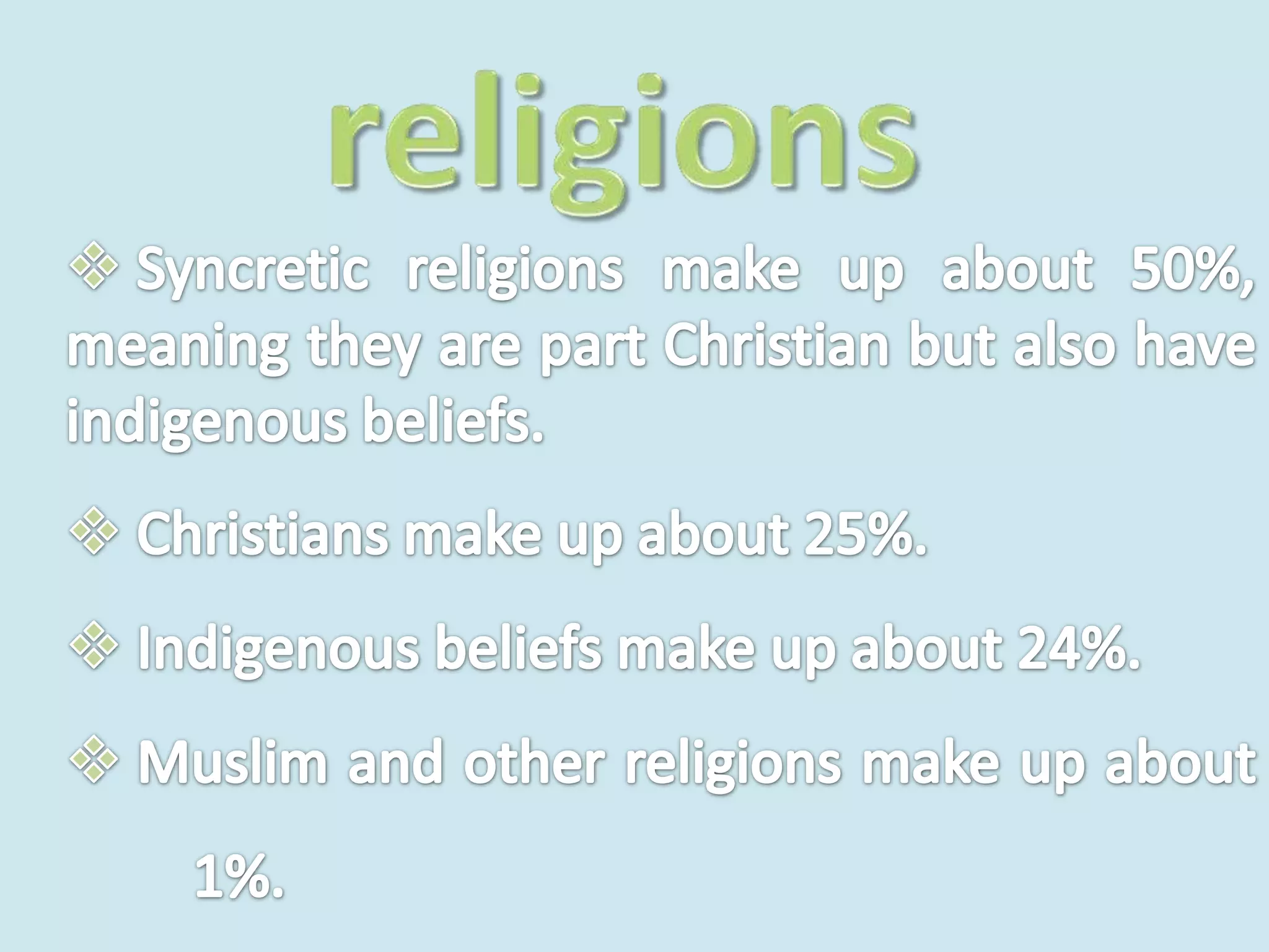 religions Syncretic religions make up about 50%, meaning they are part Christian but also have indigenous beliefs. 