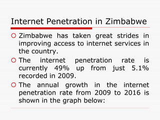 Internet Penetration in Zimbabwe
 Zimbabwe has taken great strides in
improving access to internet services in
the country.
 The internet penetration rate is
currently 49% up from just 5.1%
recorded in 2009.
 The annual growth in the internet
penetration rate from 2009 to 2016 is
shown in the graph below:
 