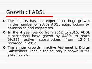 Growth of ADSL
 The country has also experienced huge growth
in the number of active ADSL subscriptions by
households and corporates.
 In the 4 year period from 2012 to 2016, ADSL
subscriptions have grown by 448% to reach
69,253 active subscriptions from 12,648
recorded in 2012.
 The annual growth in active Asymmetric Digital
Subscribers Lines in the country is shown in the
graph below:
 