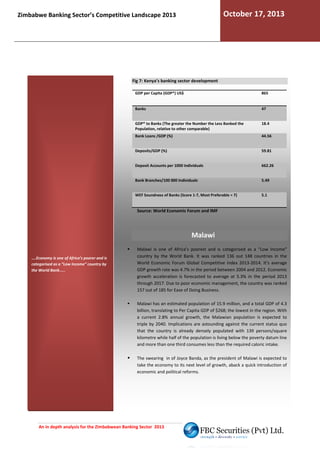 October 17, 2013

Zimbabwe Banking Sector’s Competitive Landscape 2013

Fig 7: Kenya’s banking sector development
GDP per Capita (GDP*) US$

865

Banks

47

GDP* to Banks (The greater the Number the Less Banked the
Population, relative to other comparable)

18.4

Bank Loans /GDP (%)

44.56

Deposits/GDP (%)

59.81

Deposit Accounts per 1000 Individuals

662.26

Bank Branches/100 000 Individuals

5.49

WEF Soundness of Banks (Score 1-7, Most Preferable = 7)
7,

5.1

Source: World Economic Forum and IMF

Malawi
....Economy is one of Africa’s poorer and is
categorised as a “Low Income” country by
the World Bank.....

Malawi is one of Africa’s poorest and is categorised as a “Low Income”
country by the World Bank. It was ranked 136 out 148 countries in the
World Economic Forum Global Competitive index 2013
2013-2014. It’s average
GDP growth rate was 4.7% in the period betwee 2004 and 2012. Economic
between
growth acceleration is forecasted to average at 5.3% in the period 2013
through 2017. Due to poor economic management, the country was ranked
157 out of 185 for Ease of Doing Business.
Malawi has an estimated population of 15.9 million, and a total GDP of 4.3
billion, translating to Per Capita GDP of $268; the lowest in the region. With
a current 2.8% annual growth, the Malawian population is expected to
triple by 2040. Implications are astounding against the current status quo
that the country is already densely populated with 139 persons/square
kilometre while half of the population is living below the poverty datum line
and more than one third consumes less than the required caloric intake.
The swearing in of Joyce Banda, as the president of Malawi is expected to
take the economy to its next level of growth, aback a quick introduction of
economic and political reforms.

An in depth analysis for the Zimbabwean Banking Sector 2013

 