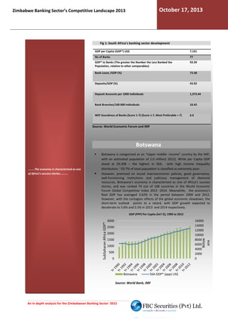 October 17, 2013

Zimbabwe Banking Sector’s Competitive Landscape 2013

Fig 1: South Africa’s banking sector development
GDP per Capita (GDP*) US$

7,191

No of Banks

77

GDP* to Banks (The greater the Number the Less Banked the
Population, relative to other comparables)

93.39

Bank Loans /GDP (%)

73.38

Deposits/GDP (%)

43.92

Deposit Accounts per 1000 Individuals

1,373.44

Bank Branches/100 000 Individuals

10.42

WEF Soundness of Banks (Score 1-7) (Score 1-7, Most Preferable = 7)
7,

6.6

Source: World Economic Forum and IMF

Botswana

........The economy is characterised as one
of Africa’s success stories..........

Botswana is categorised as an “Upper middle income” country by the IMF,
rised
middlewith an estimated population of 2.0 million( 2012). While per Capita GDP
stood at $9,398 – the highest in SSA; with high income inequality
;
distribution, ~20.7% of total population is classified as extremely poor.
However, premised on sound macroeconomic policies, good governance,
remised
well-functioning institutions and judicious management of diamond
functioning
resources, Botswana’s economy is characterised as one o Africa’s success
of
stories, and was ranked 74 out of 148 countries in the Wor Economic
World
Forum Global Competitive Index 2013 -2014 Meanwhile, the economy’s
2014.
Real GDP has averaged 3.62% in the period between 2009 and 2012.
However, with the contagion effects of the global economic slowdown, the
short-term outlook points to a retard, with GDP growth expected to
,
decelerate to 5.6% and 5.5% in 2013 and 2014 respectively.

3000

16000
14000
12000
10000
8000
6000
4000
2000
0

2500
2000

Botsw
ana

SubSaharan Africa GDP*

GDP (PPP) Per Capita (Int'l $), 1990 to 2012

1500
1000
500
0

Botswana

SSA GDP* (ppp) US$

Source: World Bank, IMF

An in depth analysis for the Zimbabwean Banking Sector 2013

 