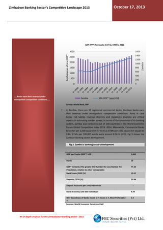 October 17, 2013

Zimbabwe Banking Sector’s Competitive Landscape 2013

GDP (PPP) Per Capita (Int'l $), 1990 to 2012

1600
1400

2500

1200
2000

1000
800

1500

Zambia

SubSaharan africa GDP*

3000

600

1000

400
500

200
0

0

.....Banks earn their revenue under
monopolistic competition conditions.....

Zambia

SSA GDP* (ppp) US$

Source: World Bank, IMF

In Zambia, there are 19 registered commercial ba
banks. Zambian banks earn
their revenue under monopolistic competition conditions. Poi in case
Point
being; risk taking, revenue diversity and regulatory diversity are critical
aspects in estimating market power. In terms of the soundness of its banking
erms
system, Zambia was ranked 56 out of 148 countries in the World Economic
s
Forum Global Competitive Index 2013 -2014. Meanwhile, Commercial Banks
2014.
branches per 1,000 square km is ~0.45 as ATMs per 1000 square km equals to
0.86. ATMs per 100,000 adults were around 8.58 in 2012. Fig 3 shows the
Zambian Banking sector development.
Fig 3: Zambia’s banking sector development

GDP per Capita (GDP*) US$

1,469

Banks

19

GDP* to Banks (The greater the Number the Less Banked the
Population, relative to other comparable)

77.32

Bank Loans /GDP (%)

15.61

Deposits /GDP (%)

23.64

Deposit Accounts per 1000 Individuals

-

Bank Branches/100 000 Individuals

4.44

WEF Soundness of Banks (Score 1-7) (Score 1-7, Most Preferable =
7)

5.3

Sources: World Economic Forum and IMF

An in depth analysis for the Zimbabwean Banking Sector 2013

 