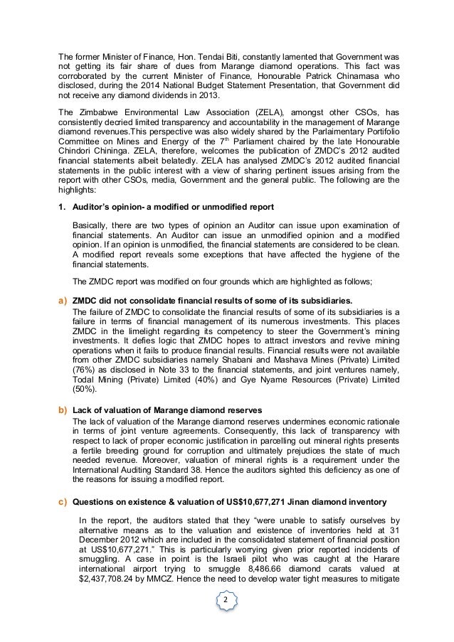 Zimbabwe environmental law association 2012 ZMDC financial statements