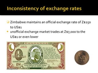Zimbabwe maintains an official exchange rate of Z$250 to US$1   unofficial exchange market trades at Z$7,000 to the US$1 or even lower   1 $  <  