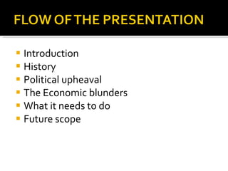 Introduction  History Political upheaval The Economic blunders What it needs to do Future scope  