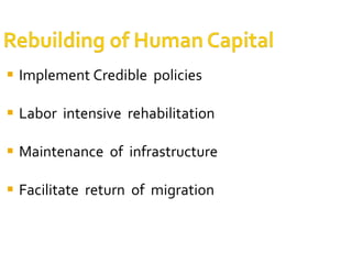 Implement Credible  policies Labor  intensive  rehabilitation Maintenance  of  infrastructure Facilitate  return  of  migration 