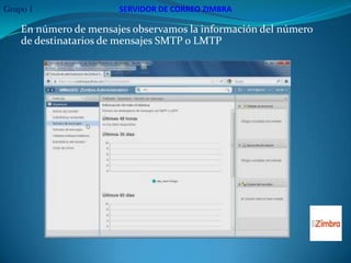 Grupo 1                SERVIDOR DE CORREO ZIMBRA

    En número de mensajes observamos la información del número
    de destinatarios de mensajes SMTP o LMTP
 
