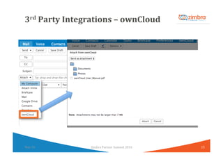 3rd	Party	Integrations	–	ownCloud	
15	Zimbra	Partner	Summit	2016	May	16	
 