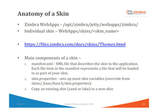 Anatomy	of	a	Skin	
•  Zimbra	WebApps	-	/opt/zimbra/jetty/webapps/zimbra/	
•  Individual	skin	–	WebApps/skins/<skin_name>	
...