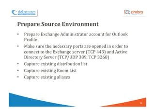 Prepare	Source	Environment	
•  Prepare	Exchange	Administrator	account	for	Outlook	
Pro/ile	
•  Make	sure	the	necessary	por...