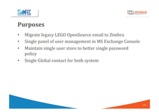 Purposes	
•  Migrate	legacy	LEGO	OpenSource	email	to	Zimbra	
•  Single	panel	of	user	management	in	MS	Exchange	Console	
• ...