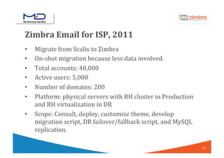 Zimbra	Email	for	ISP,	2011	
•  Migrate	from	Scalix	to	Zimbra	
•  On-shot	migration	because	less	data	involved.	
•  Total	a...