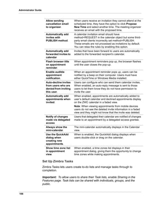 106
Administrator Guide
Set Up Zimbra Tasks
Zimbra Tasks lets users create to-do lists and manage tasks through to
completion.
Important: To allow users to share their Task lists, enable Sharing in the
Features page. Task lists can be shared with individuals, groups, and the
public.
Allow sending
cancellation email
to organizer.
When users receive an invitation they cannot attend at the
scheduled time, they have the option to click Propose
New Time and select another time. The meeting organizer
receives an email with the proposed time.
Automatically add
invites with
PUBLISH method.
A calendar invitation email should have
method=REQUEST in the calendar object but some third-
party email clients incorrectly set method=PUBLISH.
These emails are not processed as invitations by default.
You can relax the rules by enabling this option.
Automatically add
forwarded invites to
calendar
Invites that have been forward to users are automatically
added to the forwarded recipient’s calendar.
Flash browser title
on appointment
reminder.
When appointment reminders pop up, the browser flashes
until the user closes the pop-up.
Enable audible
appointment
notification.
When an appointment reminder pops up, users can be
notified by a beep on their computer. Users must have
either QuickTime or Windows Media installed.
Auto-decline invites
from users who are
denied from inviting
this user.
Users can configure who can send them calendar invites.
When enabled, an auto-reply message is sent to those
users to let them know they do not have permission to
invite the user.
Automatically add
appointments when
invited.
When enabled, appointments are automatically added to
user’s default calendar and declined appointments display
on the ZWC calendar in a faded view.
Note: When viewing appointments from mobile devices
users do not see the deleted invite information in a faded
view and they might not know that the invite was deleted.
Notify of changes
made via delegated
access
Users that delegated their calendar are notified of changes
made to an appointment by a delegated access grantee.
Always show the
mini-calendar.
The mini-calendar automatically displays in the Calendar
view.
Use the QuickAdd
dialog when
creating new
appointments.
When is enabled, the QuickAdd dialog displays when
users double-click or drag on the calendar.
Show time zone list
in appointment
view.
When enabled, a time zones list displays in their
appointment dialog, giving them the opportunity to change
time zones while making appointments.
 