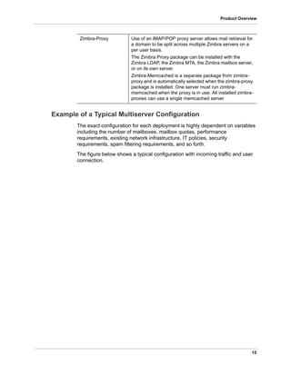 15
Product Overview
Example of a Typical Multiserver Configuration
The exact configuration for each deployment is highly dependent on variables
including the number of mailboxes, mailbox quotas, performance
requirements, existing network infrastructure, IT policies, security
requirements, spam filtering requirements, and so forth.
The figure below shows a typical configuration with incoming traffic and user
connection.
Zimbra-Proxy Use of an IMAP/POP proxy server allows mail retrieval for
a domain to be split across multiple Zimbra servers on a
per user basis.
The Zimbra Proxy package can be installed with the
Zimbra LDAP, the Zimbra MTA, the Zimbra mailbox server,
or on its own server.
Zimbra-Memcached is a separate package from zimbra-
proxy and is automatically selected when the zimbra-proxy
package is installed. One server must run zimbra-
memcached when the proxy is in use. All installed zimbra-
proxies can use a single memcached server
 