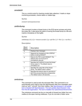 172
Administrator Guide
zmstatctl
This is a control script for checking zmstat data collectors. It starts or stops
monitoring processes, checks status or rotates logs.
Syntax
zmstatctl start|stop|status|rotate
zmthrdump
This command invokes a thread dump in the ZCS server process and prints
the output file. It also gives the option of saving the thread dump to a file and
inserts a timestamp on the logfile.
Syntax
zmthrdump [-h] [-i] [-t <timeout seconds>] [-p <pid file>] [-f <file>] [-o <out-file>]
Description
zmtrainsa
This command is used to train the anti-spam filter. This command is run
automatically every night to train the SpamAssasin filter from messages users
mark as “junk” “not junk” from their mailbox. See SpamAssassin’s sa-update
tool is included with SpamAssassin. This tool updates SpamAssassin rules
from the SA organization. The tool is installed into /opt/zimbra/zimbramon/bin.
The zmtrainsa command can be run manually to forward any folder from any
mailbox to the spam training mailboxes. If you do not enter a folder name
Short
Name
Description
-h Displays help messages
-i Appends the timestamp to the LOGFILE
before invoking SIGQUIT
-p Returns the PID to send SIGQUIT. The
default value can be found in
zmmailboxd_java.pid
-f Specifies the LOGFILE to save the thread
dump output in. The default value is
zmmailbox.out
-o Specifies the output file of the thread
dump. The default value is stdout
-t Specifies the timeout value (in seconds) to
exit if the process becomes unresponsive.
The default value is 30 seconds.
 