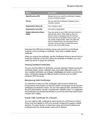 73
Managing Configuration
Download the CSR from the Zimbra server and submit it to a Certificate
Authority, such as VeriSign or GoDaddy. They issue a digitally signed
certificate.
When you receive the certificate, use the Certificates Wizard a second time to
install the certificate on the ZCS. When the certificate is installed, you must
restart the server to apply the certificate.
Viewing Installed Certificates
You can view the details of certificates currently deployed. Details include the
certificate subject, issuer, validation days and subject alternative name. To
view installed certificates, go to Home > Certificates and select a service host
name. Certificates display for different Zimbra services such as LDAP,
mailboxd, MTA and proxy.
Maintaining Valid Certificates
It is important to keep your SSL certificates valid to ensure clients and
environments work properly, as the ZCS system can become non-functional if
certificates are allowed to expire. You can view deployed SSL certificates from
the ZCS administrator console, including their validation days. It is suggested
that certificates are checked periodically, so you know when they expire and to
maintain their validity.
Install a SSL Certificate for a Domain
You can install an SSL certificate for each domain on a ZCS server. Zimbra
Proxy must be installed on ZCS and correctly configured to support multiple
domains. For each domain, a virtual host name and Virtual IP address are
configured with the virtual domain name and IP address.
State/Province (ST) State/province you want the certificate to display
as your company location.
City (L) City you want the certificate to display as your
company location.
Organization Name (O) Your company name
Organization Unit (OU) Unit name (if applicable)
Subject Alternative Name
(SAN)
If you are going to use a SAN, the input must be a
valid domain name. When SAN is used, the
domain name is compared with the common
name and then to the SAN to find a match. You
can create multiple SANs. When the alternate
name is entered here, the client ignores the
common name and tries to match the server
name to one of the SAN names.
Option Description
 