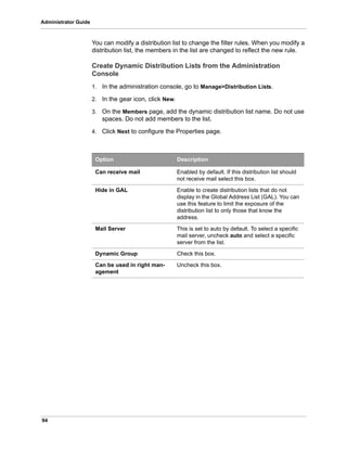 94
Administrator Guide
You can modify a distribution list to change the filter rules. When you modify a
distribution list, the members in the list are changed to reflect the new rule.
Create Dynamic Distribution Lists from the Administration
Console
1. In the administration console, go to Manage>Distribution Lists.
2. In the gear icon, click New.
3. On the Members page, add the dynamic distribution list name. Do not use
spaces. Do not add members to the list.
4. Click Next to configure the Properties page.
Option Description
Can receive mail Enabled by default. If this distribution list should
not receive mail select this box.
Hide in GAL Enable to create distribution lists that do not
display in the Global Address List (GAL). You can
use this feature to limit the exposure of the
distribution list to only those that know the
address.
Mail Server This is set to auto by default. To select a specific
mail server, uncheck auto and select a specific
server from the list.
Dynamic Group Check this box.
Can be used in right man-
agement
Uncheck this box.
 