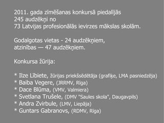 2011. gada zīmēšanas konkursā piedalījās  245 audzēkņi no  73 Latvijas profesionālās ievirzes mākslas skolām. Godalgotas vietas - 24 audzēkņiem,  atzinības — 47 audzēkņiem. Konkursa žūrija: *  Ilze Lībiete,  žūrijas priekšsēdētāja (grafiķe, LMA pasniedzēja)  * Baiba Vegere,  (JRRMV, Rīga) * Dace Blūma,  (VMV, Valmiera)  * Svetlana Trušele,  (DMV &quot;Saules skola&quot;, Daugavpils)  * Andra Zvirbule,  (LMV, Liepāja) * Guntars Gabranovs,  (RDMV, Rīga) 