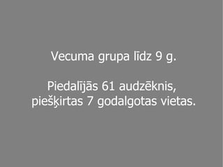 Vecuma grupa līdz 9 g. Piedalījās 61 audzēknis,  piešķirtas 7 godalgotas vietas. 