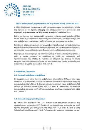 1
Ζημιές από πυρκαγιές στην Ανατολική και στην Δυτική Αττική, 23 Ιουλίου 2018
Η ΕΑΕΕ ολοκλήρωσε την έρευνα μεταξύ των ασφαλιστικών επιχειρήσεων – μελών
της σχετικά με την πρώτη εκτίμηση των αποζημιώσεων που προέκυψαν από
πυρκαγιές στην Ανατολική και στην Δυτική Αττική στις 23 Ιουλίου 2018.
Στόχος της έρευνας ήταν η καταγραφή της πρώτης εκτίμησης των ζημιών (σε πλήθος
και σε ποσό) των ασφαλίσεων περιουσίας και αυτοκινήτων, που είχαν αναγγελθεί
στις ασφαλιστικές επιχειρήσεις – μέλη, εξ’ αιτίας του συγκεκριμένου αιτίου.
Ειδικότερα, η έρευνα περιέλαβε τον γεωγραφικό προσδιορισμό των ασφαλισμένων
κεφαλαίων και ζημιών (σε επίπεδο περιοχής) καθώς και την κατηγοριοποίησή τους
σε κατοικίες, εμπορικούς κινδύνους, βιομηχανικούς κινδύνους και αυτοκίνητα.
Στην έρευνα συμμετείχαν με τις απαντήσεις τους 29 ασφαλιστικές επιχειρήσεις –
μέλη οι οποίες εκτιμάται ότι αθροίζουν το 99,3% της παραγωγής από
πρωτασφαλίσεις του κλάδου 8. Πυρκαϊά και στοιχεία της φύσεως. Η πρώτη
εκτίμηση των ανωτέρω επιχειρήσεων για αποζημίωση των ζημιών περιουσίας και
αυτοκινήτων ανέρχεται συνολικά σε 36,0 εκατ. €.
Α. Ασφαλίσεις Περιουσίας
Α.1. Συνολικά ασφαλισμένα κεφάλαια
Οι συμμετέχουσες στην έρευνα ασφαλιστικές επιχειρήσεις δήλωσαν ότι είχαν
ασφαλίσει στην Ανατολική Αττική 6.836 ακίνητα όλων των κατηγοριών με συνολική
ασφαλισμένη αξία 1,26 δισ. €. Ομοίως, στην Δυτική Αττική είχαν ασφαλίσει 2.713
ακίνητα με συνολική ασφαλισμένη αξία 721 εκατ. €. Αθροιστικά, τα συνολικά
ασφαλισμένα κεφάλαια των 9.549 ασφαλισμένων ακινήτων ανέρχονταν στο ύψος
των 1,98 δισ. €.
Α.2. Συνολική εκτίμηση αποζημιώσεων
Εξ΄ αιτίας των πυρκαγιών της 23ης Ιουλίου 2018 δηλώθηκαν συνολικά στις
συμμετέχουσες επιχειρήσεις 835 ζημιές επί των ασφαλίσεων περιουσίας με ποσό
πρώτης εκτίμησης για αποζημίωση της τάξης των 34,5 εκατ. €, άρα η μέση
δηλωθείσα ζημία φθάνει τα 41.294 €. Οι ζημιές αυτές, αναλόγως του είδους του κα-
 