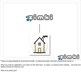 There is a huge potential for economies of scale - to utilise that waste. And that is where Zimki comes in.

When you build an application, you build it on the Zimki grid - no capex, no hosting centre needed ... just write and
deploy and pay for what you use.

What is the Zimki grid?
 
