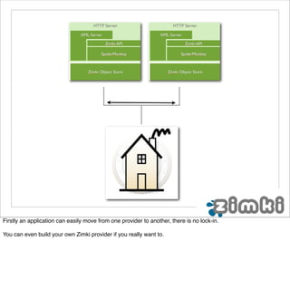 Firstly an application can easily move from one provider to another, there is no lock-in.

You can even build your own Zimki provider if you really want to.
 