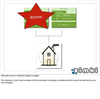 BOOM!




Secondly there is resilience against outages.

The intension is too have hundreds of Zimki providers, providing a resilience which cannot be matched by any
one company.
 