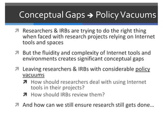Conceptual Gaps  Policy Vacuums
 Researchers & IRBs are trying to do the right thing
   when faced with research project...