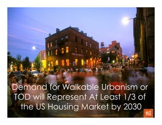 Demand for Walkable Urbanism or
TOD will Represent At Least 1/3 of
 the US Housing Market by 2030
 