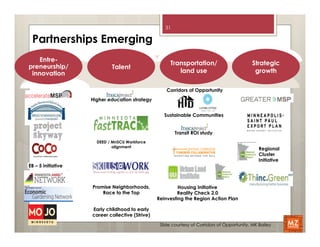 31

 Partnerships Emerging
    Entre-
                                                      Transportation/                         Strategic
preneurship/                Talent
 innovation                                              land use                              growth

                                                     Corridors of Opportunity
                    Higher education strategy


                                                    Sustainable Communities


                                                         Transit ROI study
                      DEED / MnSCU Workforce
                             alignment
                                                                                                 Regional
                                                                                                 Cluster
                                                                                                 Initiative
EB – 5 initiative



                    Promise Neighborhoods,                Housing Initiative
                        Race to the Top                   Reality Check 2.0
                                                 Reinvesting the Region Action Plan

                    Early childhood to early
                    career collective (Strive)

                                                  Slide courtesy of Corridors of Opportunity, MK Bailey
 