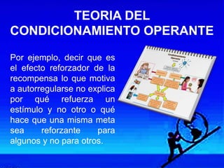 Por ejemplo, decir que es
el efecto reforzador de la
recompensa lo que motiva
a autorregularse no explica
por qué refuerza un
estímulo y no otro o qué
hace que una misma meta
sea reforzante para
algunos y no para otros.
TEORIA DEL
CONDICIONAMIENTO OPERANTE
 