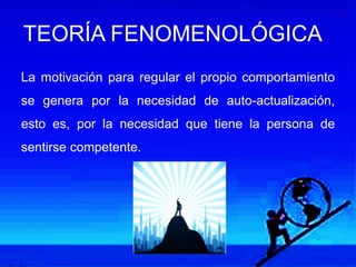 TEORÍA FENOMENOLÓGICA
La motivación para regular el propio comportamiento
se genera por la necesidad de auto-actualización,
esto es, por la necesidad que tiene la persona de
sentirse competente.
 