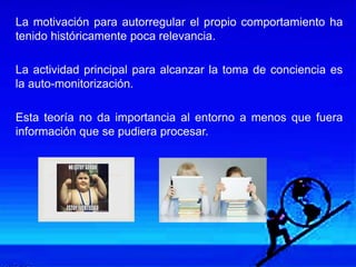 La motivación para autorregular el propio comportamiento ha
tenido históricamente poca relevancia.
La actividad principal para alcanzar la toma de conciencia es
la auto-monitorización.
Esta teoría no da importancia al entorno a menos que fuera
información que se pudiera procesar.
 