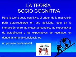 LA TEORÍA
SOCIO COGNITIVA
Para la teoría socio cognitiva, el origen de la motivación
para autorregularse en una actividad, está en la
interacción entre las metas personales, las expectativas
de autoeficacia y las expectativas de resultado, en
donde la toma de conciencia es
un proceso fundamental.
 