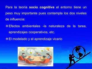Para la teoría socio cognitiva el entorno tiene un
peso muy importante pues contempla los dos niveles
de influencia:
Efectos ambientales -la naturaleza de la tarea,
aprendizajes cooperativos, etc.
El modelado y el aprendizaje vicario
 