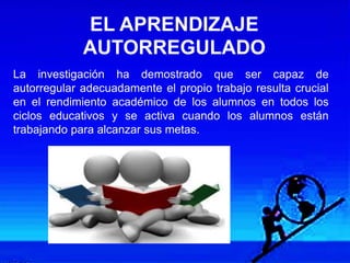 La investigación ha demostrado que ser capaz de
autorregular adecuadamente el propio trabajo resulta crucial
en el rendimiento académico de los alumnos en todos los
ciclos educativos y se activa cuando los alumnos están
trabajando para alcanzar sus metas.
EL APRENDIZAJE
AUTORREGULADO
 